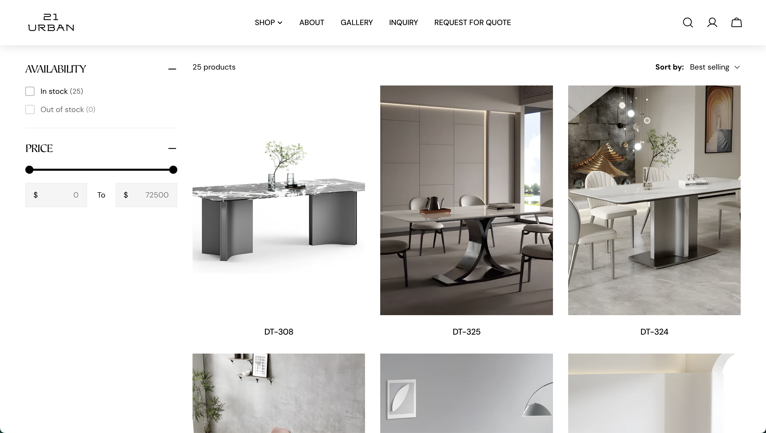21 Urban product listing: availability and price filters beside a grid of dining tables shown in styled interiors